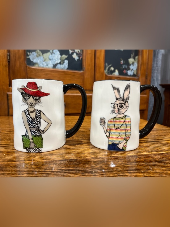 Signature Housewares Other - Hipster Cat & Rabbit Mug Set of 2 Novelty Animal Coffee Mugs Whimsical Funny